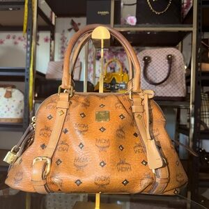 MCM Visetos Logo Satchel in Cognac and Black
